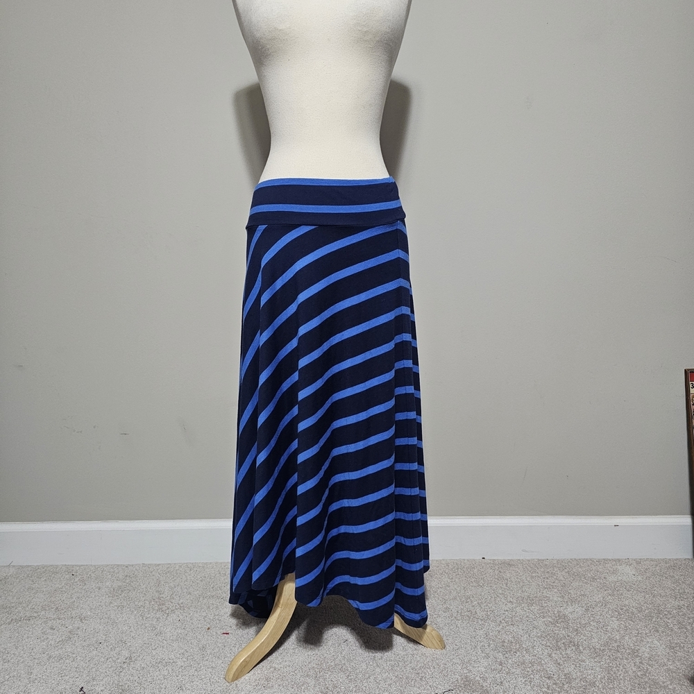 New Directions Navy Blue Striped Diagonal Maxi Skirt Fold-Over Waist Size Small